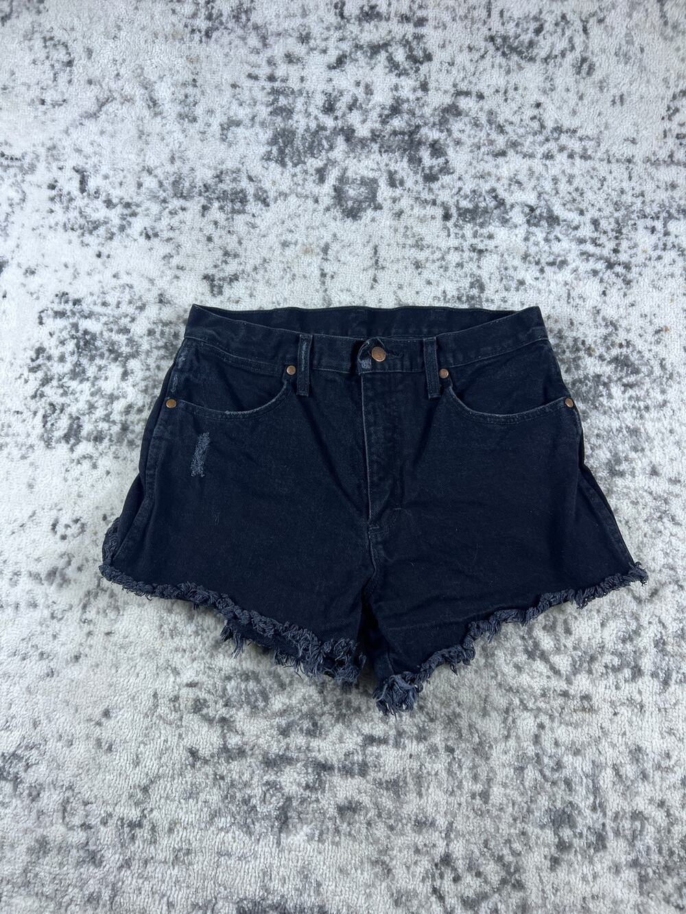 Wrangler Denim Shorts Womens 28 Black High Rise Distressed Cut Off Jeans Western